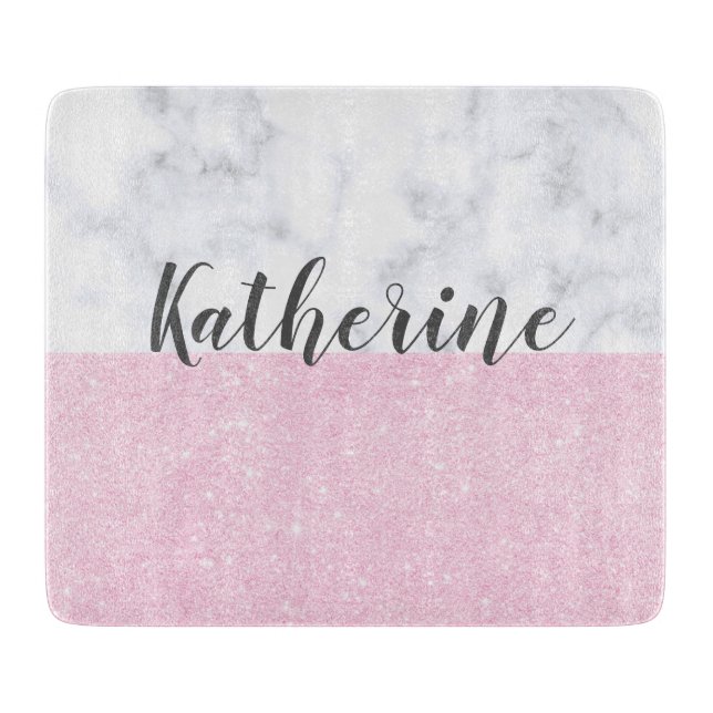 Elegant girly rose gold glitter white marble cutting board (Front)