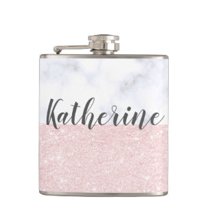 Elegant girly rose gold glitter & white marble hip flask