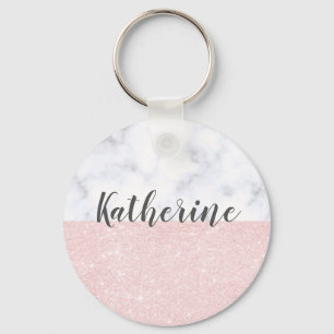 Elegant girly rose gold glitter & white marble key ring