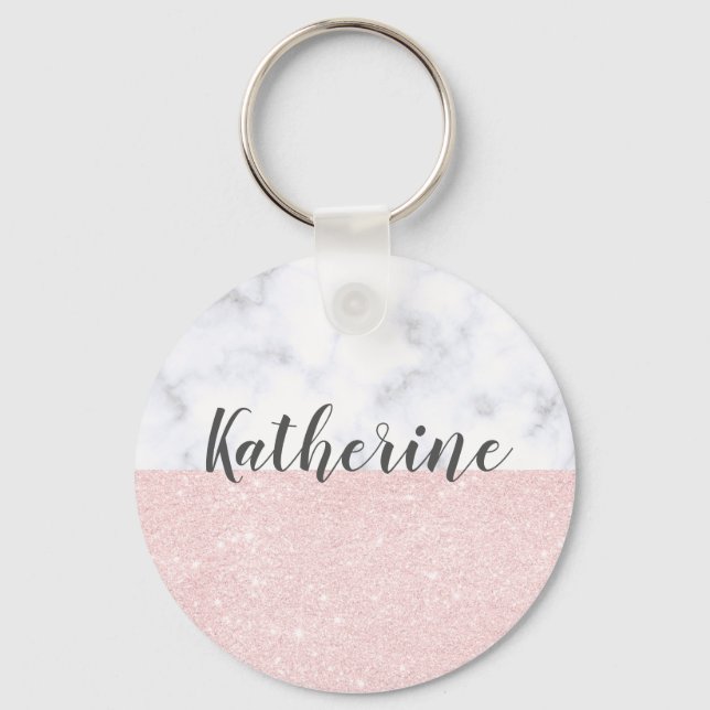 Elegant girly rose gold glitter & white marble key ring (Front)