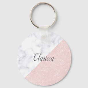 Elegant girly rose gold glitter & white marble key ring