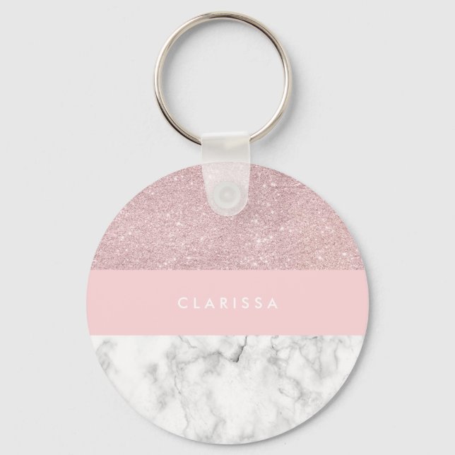 Elegant girly rose gold glitter & white marble key ring (Front)