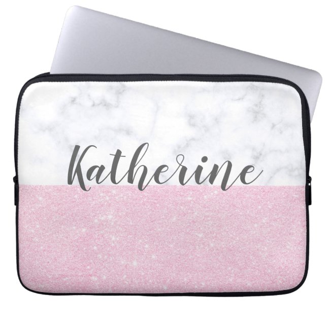 Elegant girly rose gold glitter white marble laptop sleeve (Front)
