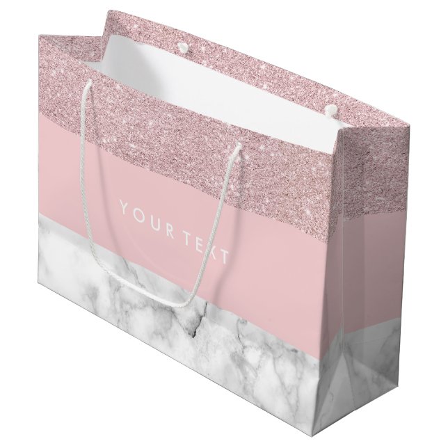 Elegant girly rose gold glitter & white marble large gift bag (Front Angled)
