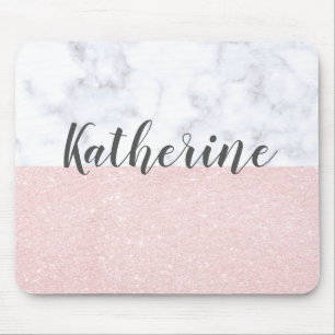 Elegant girly rose gold glitter & white marble mouse mat