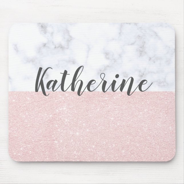 Elegant girly rose gold glitter & white marble mouse mat (Front)