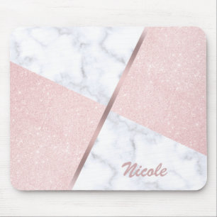 Elegant girly rose gold glitter & white marble mouse mat