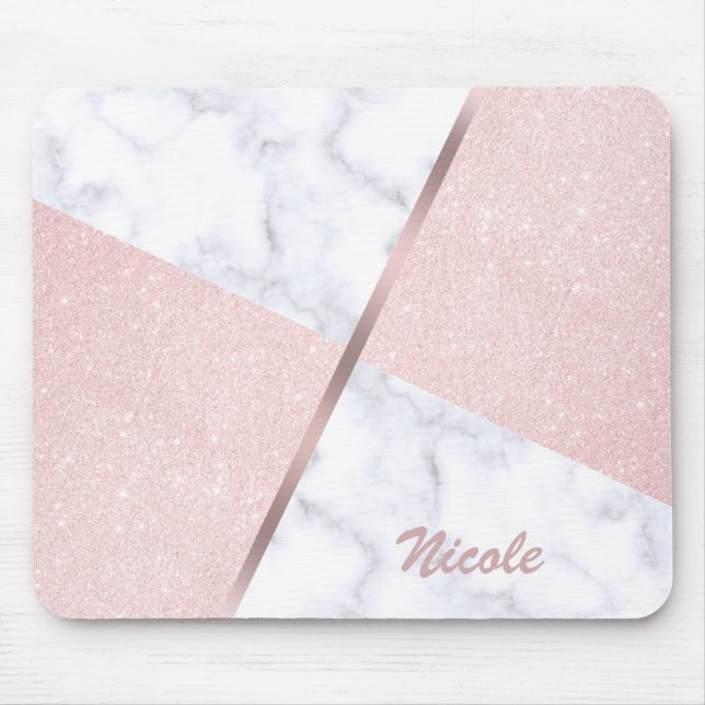 Elegant girly rose gold glitter & white marble mouse mat (Front)