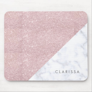 Elegant girly rose gold glitter white marble mouse mat