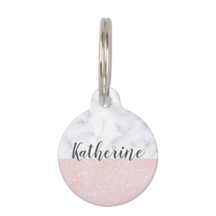 Elegant girly rose gold glitter & white marble pet tag