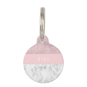 Elegant girly rose gold glitter & white marble pet tag
