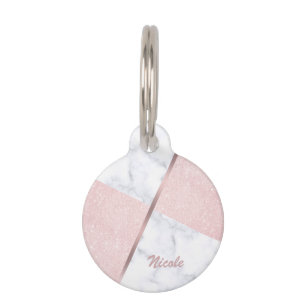 Elegant girly rose gold glitter & white marble pet tag