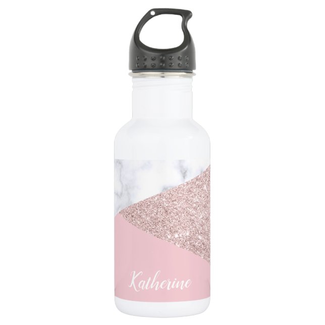 Elegant girly rose gold glitter white marble pink 532 ml water bottle (Front)