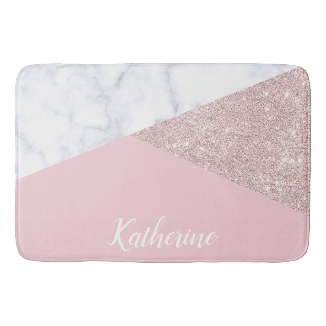 Elegant girly rose gold glitter white marble pink bath mat (Front)