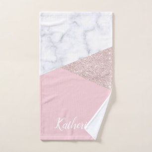 Elegant girly rose gold glitter white marble pink bath towel set