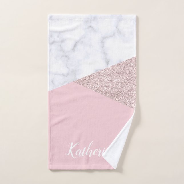 Elegant girly rose gold glitter white marble pink bath towel set (Hand Towel)