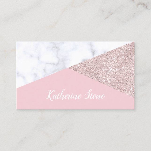 Elegant girly rose gold glitter white marble pink business card (Front)