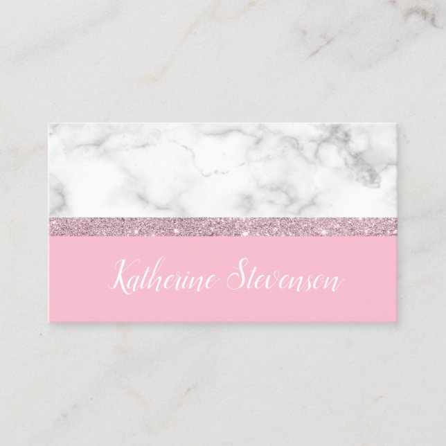 Elegant girly rose gold glitter white marble pink business card (Front)