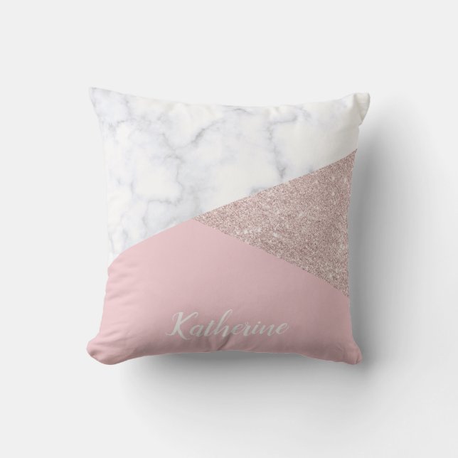 Elegant girly rose gold glitter white marble pink cushion (Front)