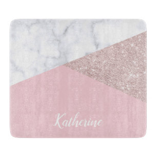 Elegant girly rose gold glitter white marble pink cutting board