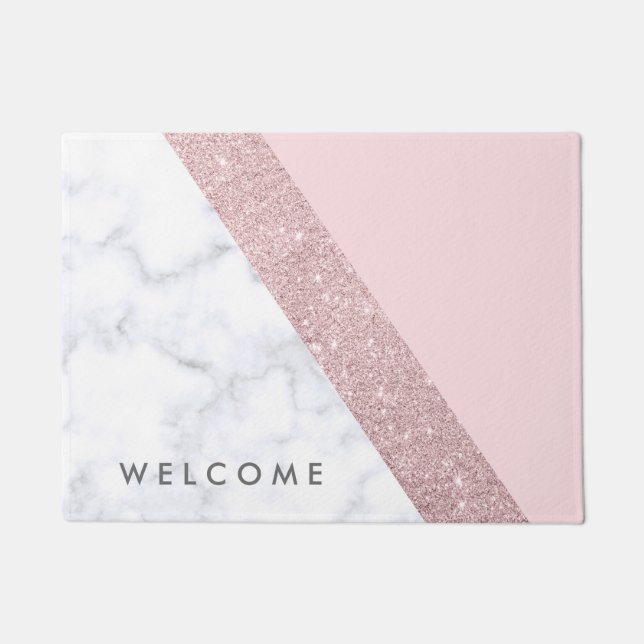 elegant girly rose gold glitter white marble pink doormat (Front)