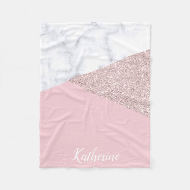 Elegant girly rose gold glitter white marble pink fleece blanket (Front)