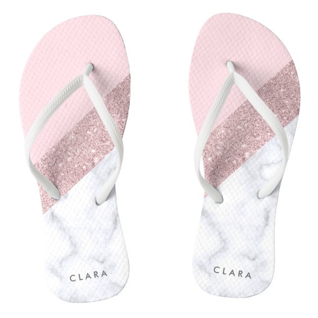 elegant girly rose gold glitter white marble pink flip flops (Footbed)
