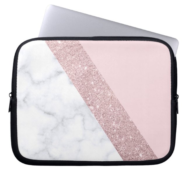 elegant girly rose gold glitter white marble pink laptop sleeve (Front)