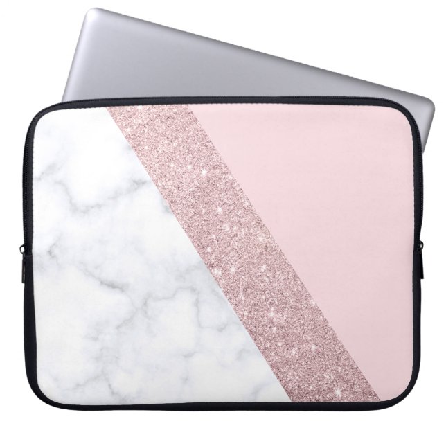 elegant girly rose gold glitter white marble pink laptop sleeve (Front)