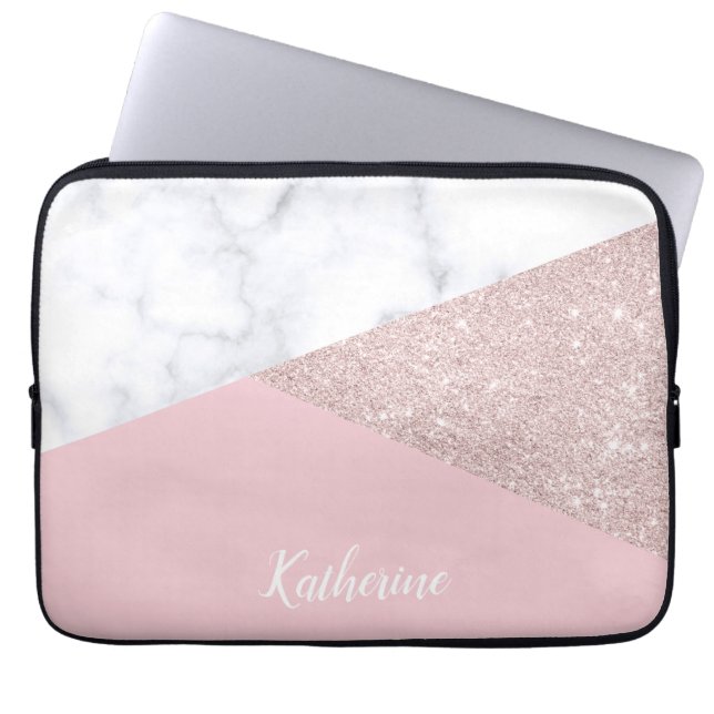 Elegant girly rose gold glitter white marble pink laptop sleeve (Front)