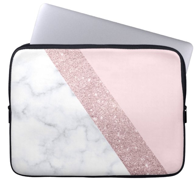elegant girly rose gold glitter white marble pink laptop sleeve (Front)