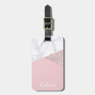 Elegant girly rose gold glitter white marble pink luggage tag