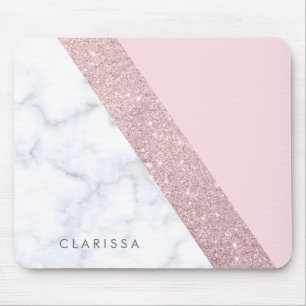 elegant girly rose gold glitter white marble pink mouse mat