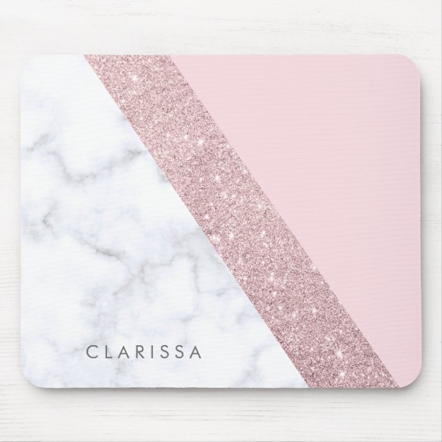 elegant girly rose gold glitter white marble pink mouse mat (Front)