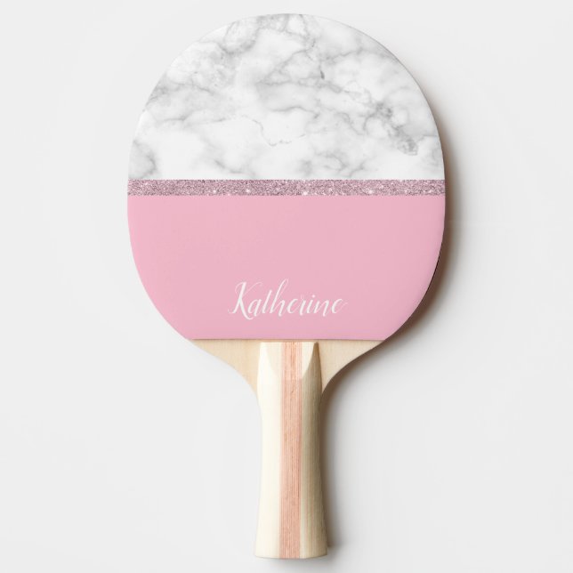 Elegant girly rose gold glitter white marble pink ping pong paddle (Front)