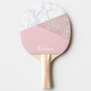 Elegant girly rose gold glitter white marble pink ping pong paddle