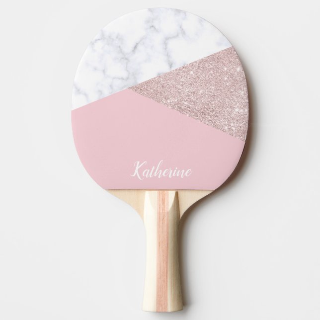 Elegant girly rose gold glitter white marble pink ping pong paddle (Front)