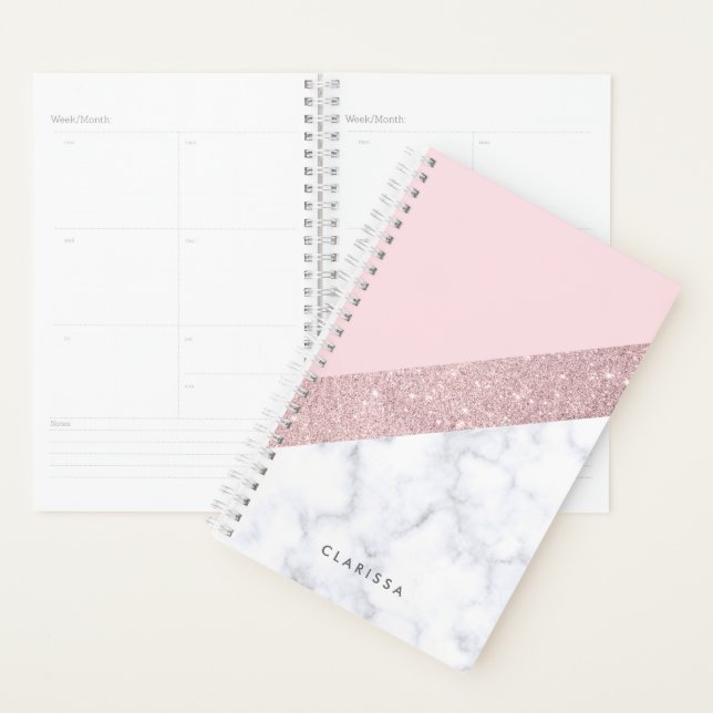 elegant girly rose gold glitter white marble pink planner (Display)