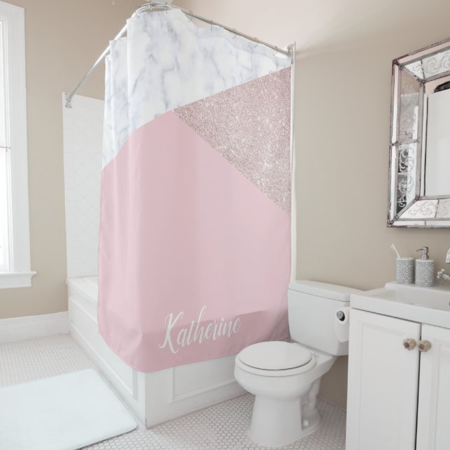 Elegant girly rose gold glitter white marble pink shower curtain (In Situ)