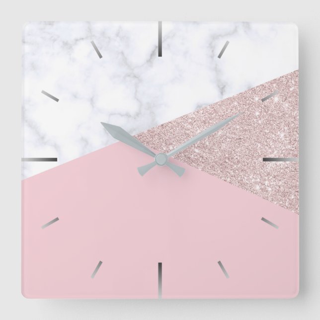 Elegant girly rose gold glitter white marble pink square wall clock (Front)
