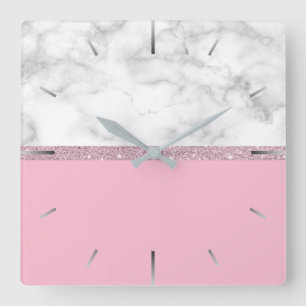 Elegant girly rose gold glitter white marble pink square wall clock