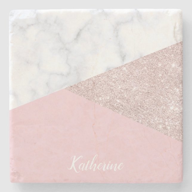 Elegant girly rose gold glitter white marble pink stone coaster (Front)