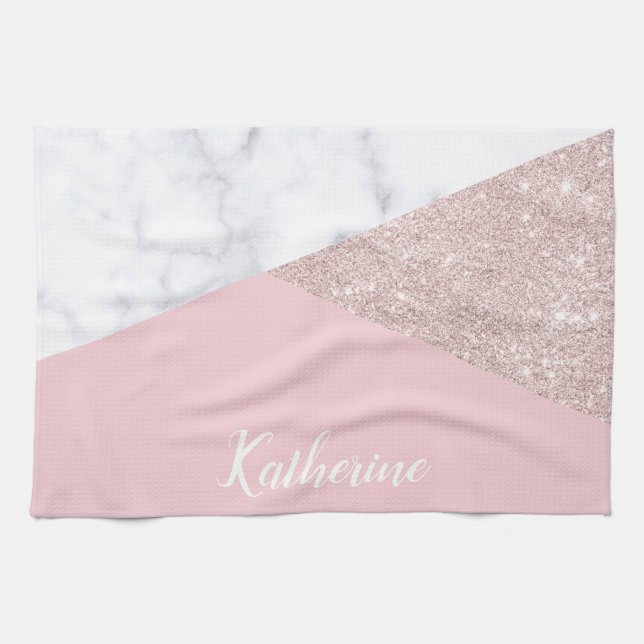 Elegant girly rose gold glitter white marble pink tea towel (Horizontal)