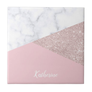 Elegant girly rose gold glitter white marble pink tile