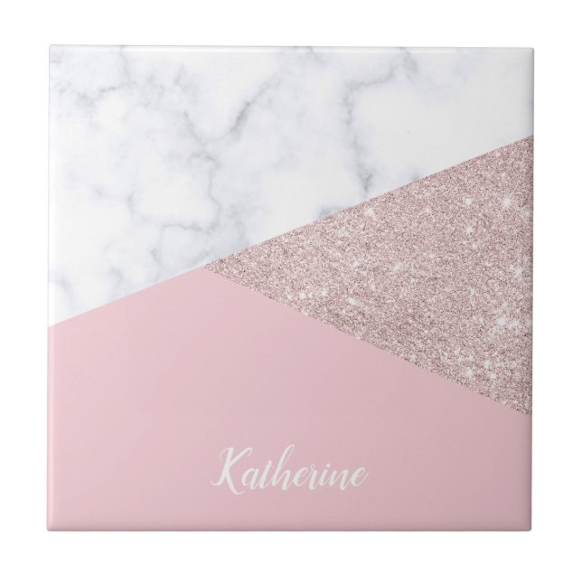 Elegant girly rose gold glitter white marble pink tile (Front)