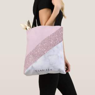elegant girly rose gold glitter white marble pink tote bag