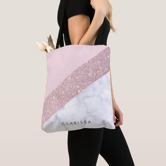 elegant girly rose gold glitter white marble pink tote bag (Close Up)