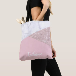 Elegant girly rose gold glitter white marble pink tote bag