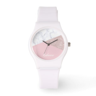 Elegant girly rose gold glitter white marble pink watch