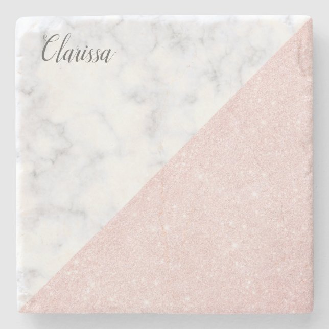 Elegant girly rose gold glitter & white marble stone coaster (Front)